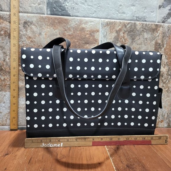 Black and White Polka Dot Padded Computer Tote Bag Cellphone Pocket - Picture 7 of 14